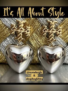 NWT Authentic Tory Burch Textured Heart Drop Earrings in Gold and Silver